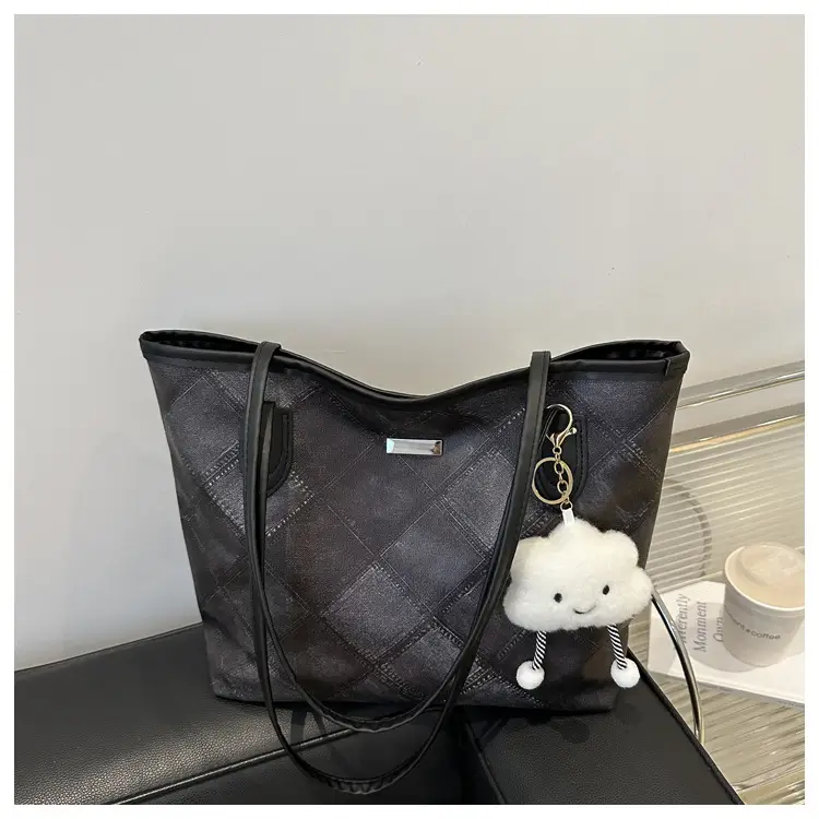 Women's Grey Quilted Shoulder Bag with Cute Charm — feature 17