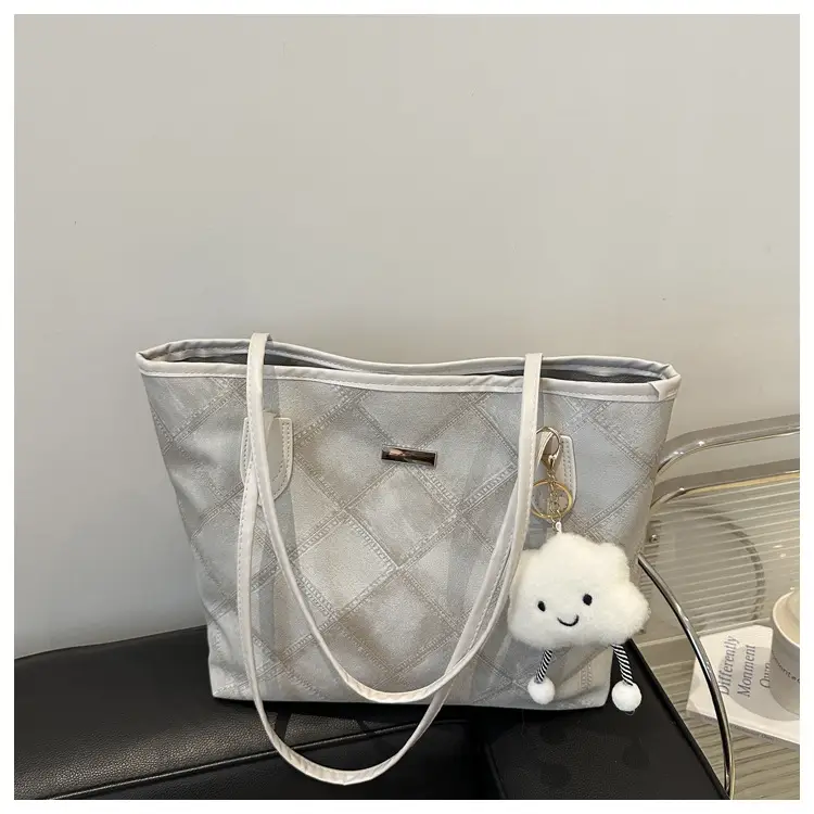 Women's Grey Quilted Shoulder Bag with Cute Charm — feature 18