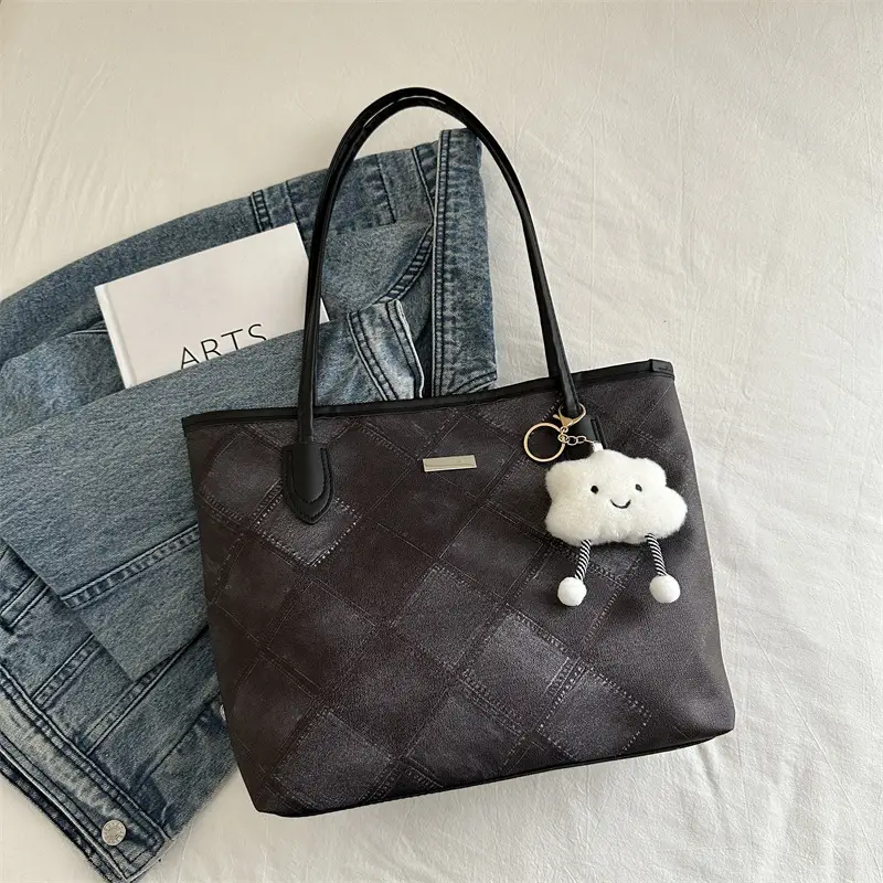 Women's Grey Quilted Shoulder Bag with Cute Charm - Image 2