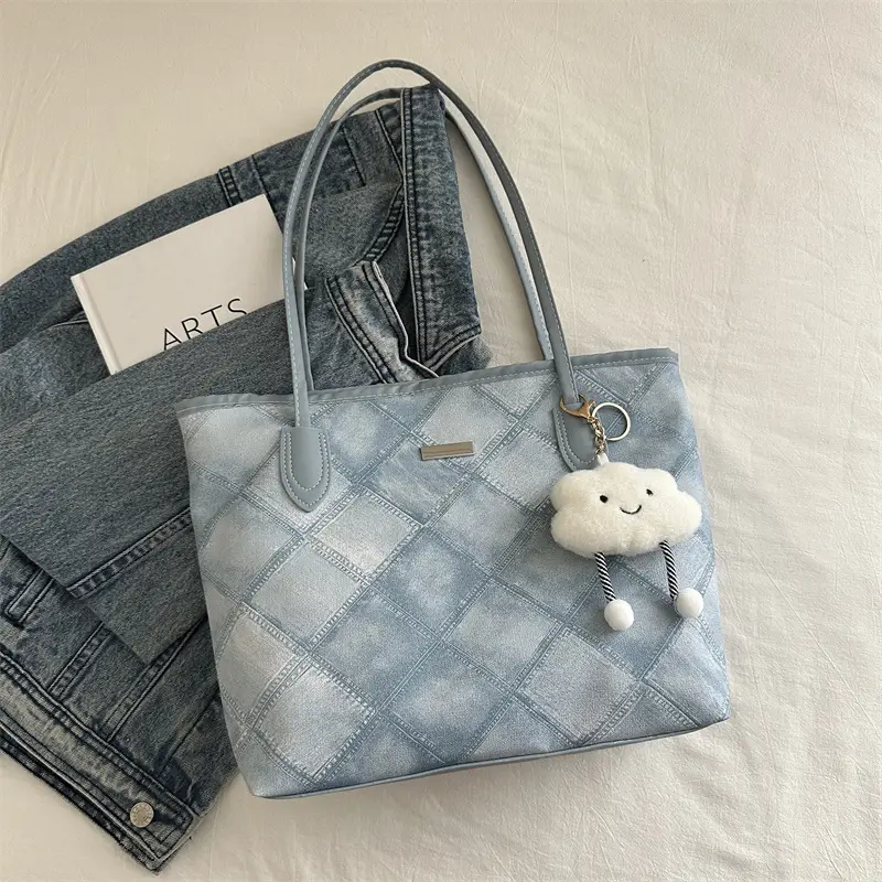 Women's Grey Quilted Shoulder Bag with Cute Charm - Image 4