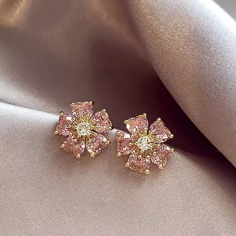 Electroplated Zircon Flower Earrings for Women