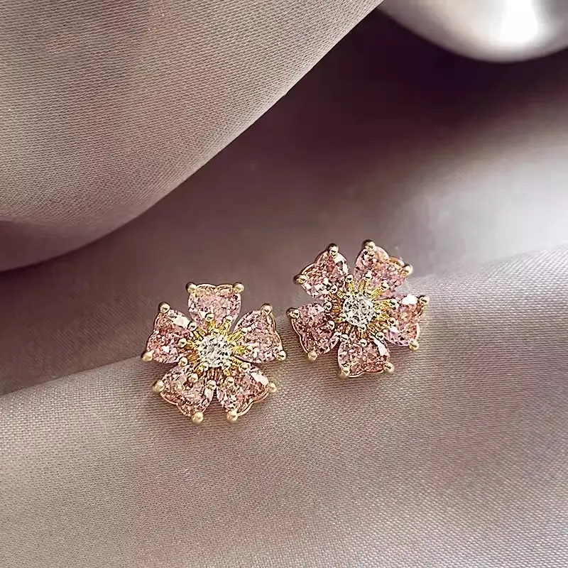 Electroplated Zircon Flower Earrings for Women