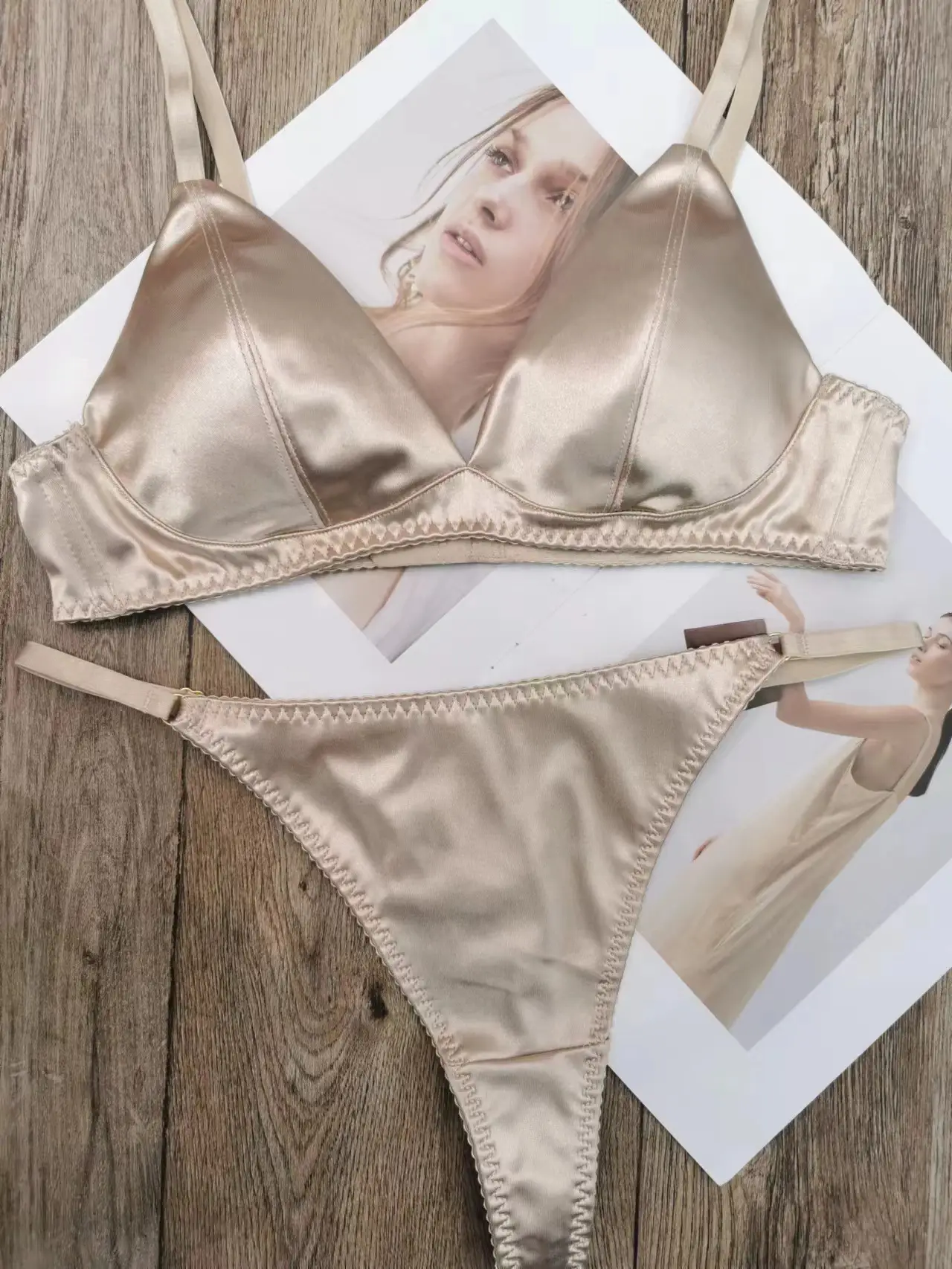 White Satin Triangle Cup Bra Set for Women — feature 8