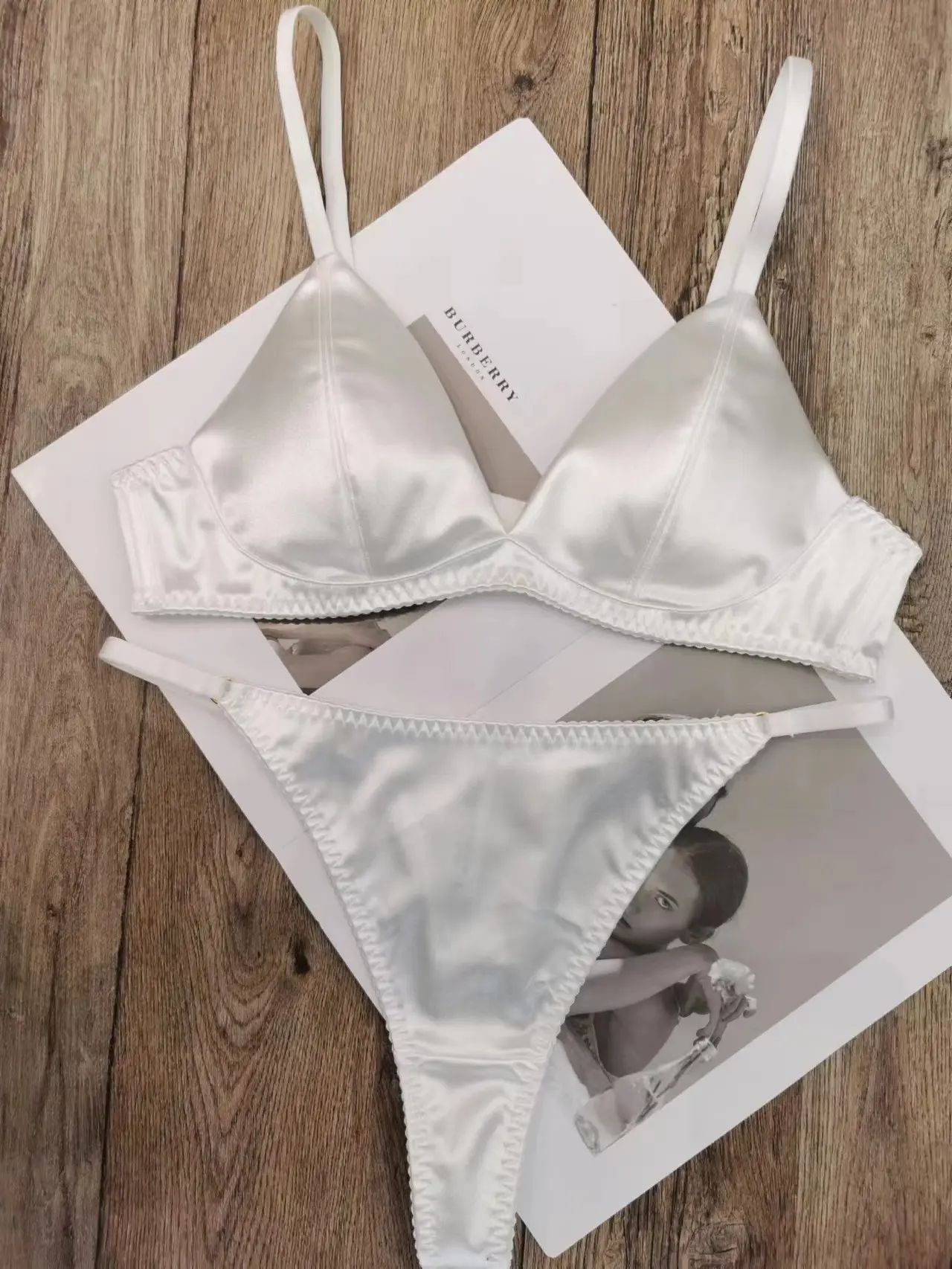 White Satin Triangle Cup Bra Set for Women — feature 9