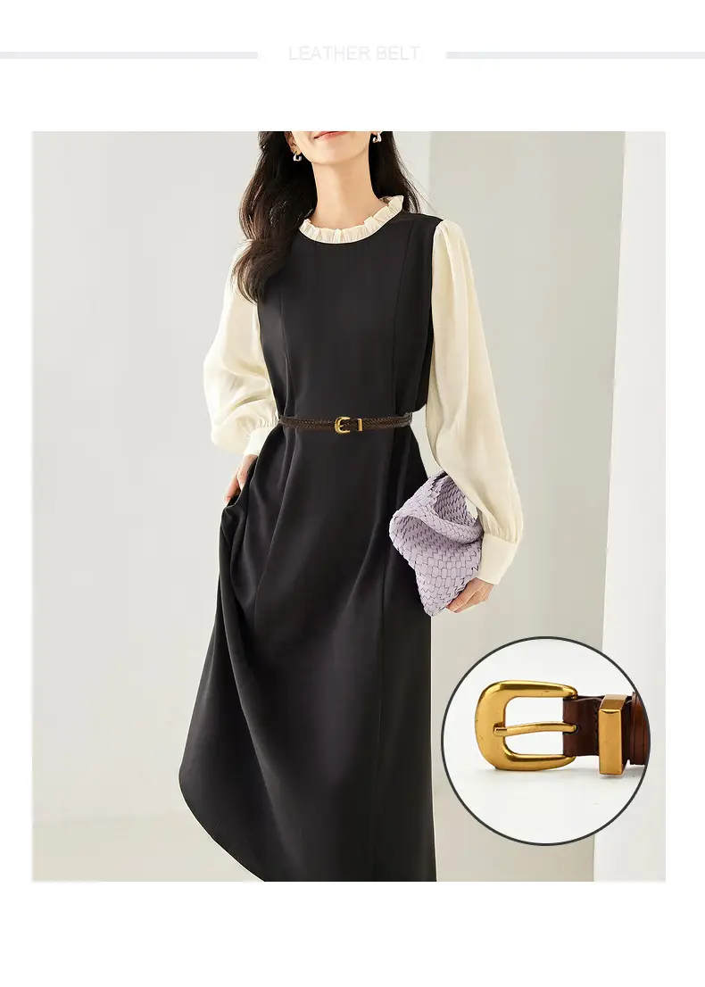 Black Handwoven Belted Dress with Gold Buckle — feature 1