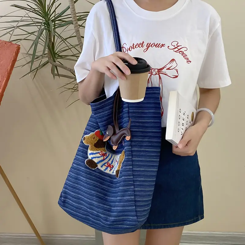 Women Striped Denim Shoulder Bag Large Capacity Casual Tote - Image 3