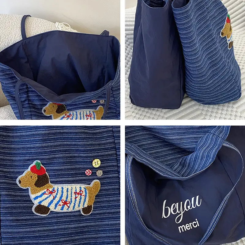 Women Striped Denim Shoulder Bag Large Capacity Casual Tote - Image 5