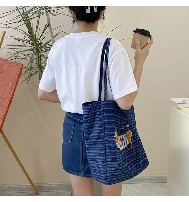 Women Striped Denim Shoulder Bag Large Capacity Casual Tote — feature 11