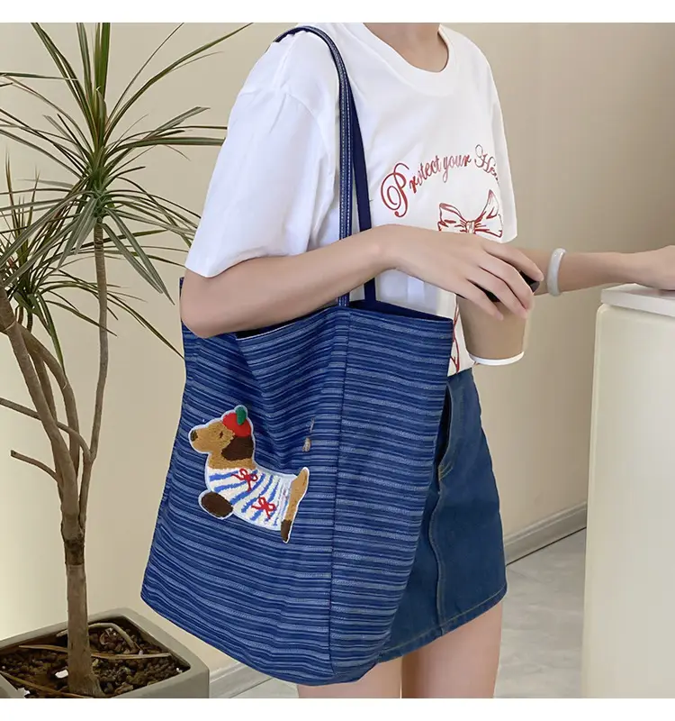 Women Striped Denim Shoulder Bag Large Capacity Casual Tote — feature 12