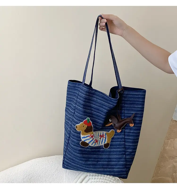 Women Striped Denim Shoulder Bag Large Capacity Casual Tote — feature 13