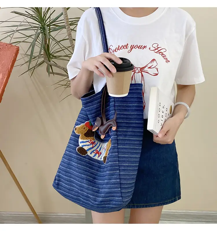 Women Striped Denim Shoulder Bag Large Capacity Casual Tote — feature 14