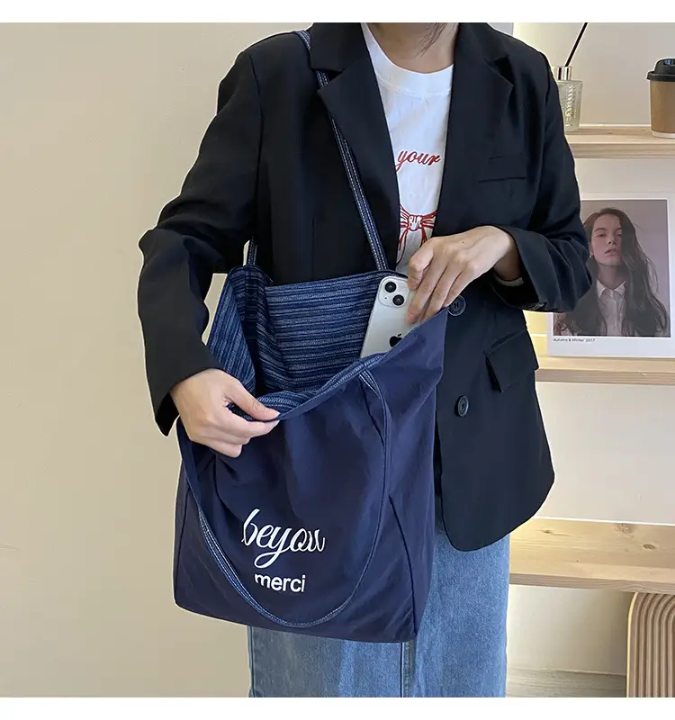 Women Striped Denim Shoulder Bag Large Capacity Casual Tote — feature 15