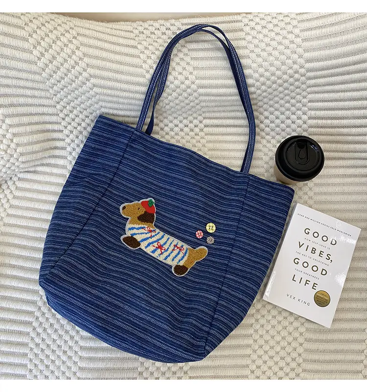 Women Striped Denim Shoulder Bag Large Capacity Casual Tote — feature 2