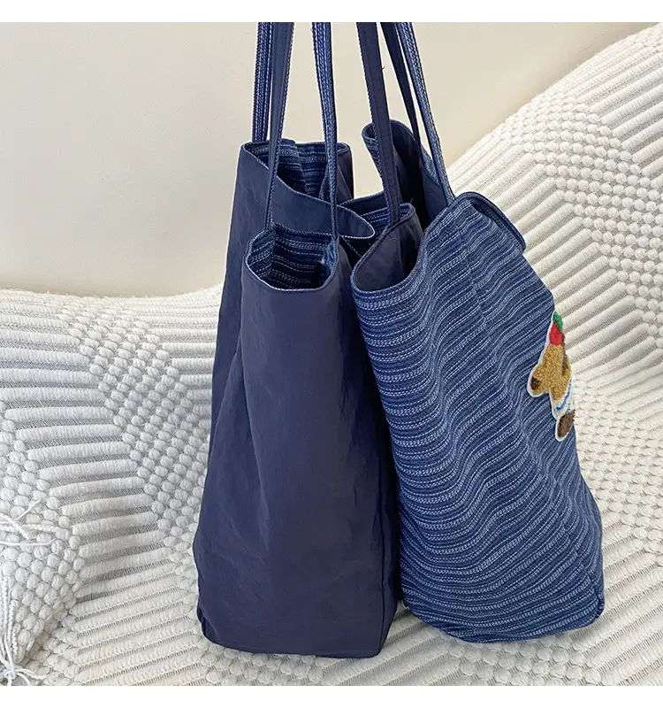 Women Striped Denim Shoulder Bag Large Capacity Casual Tote — feature 6