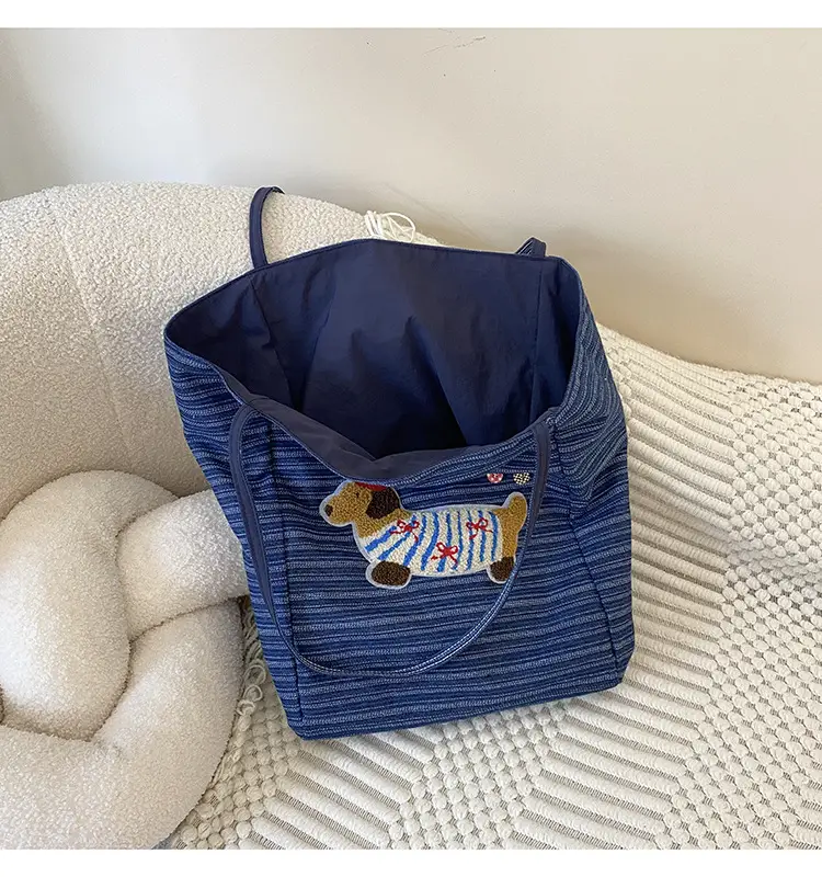 Women Striped Denim Shoulder Bag Large Capacity Casual Tote — feature 7