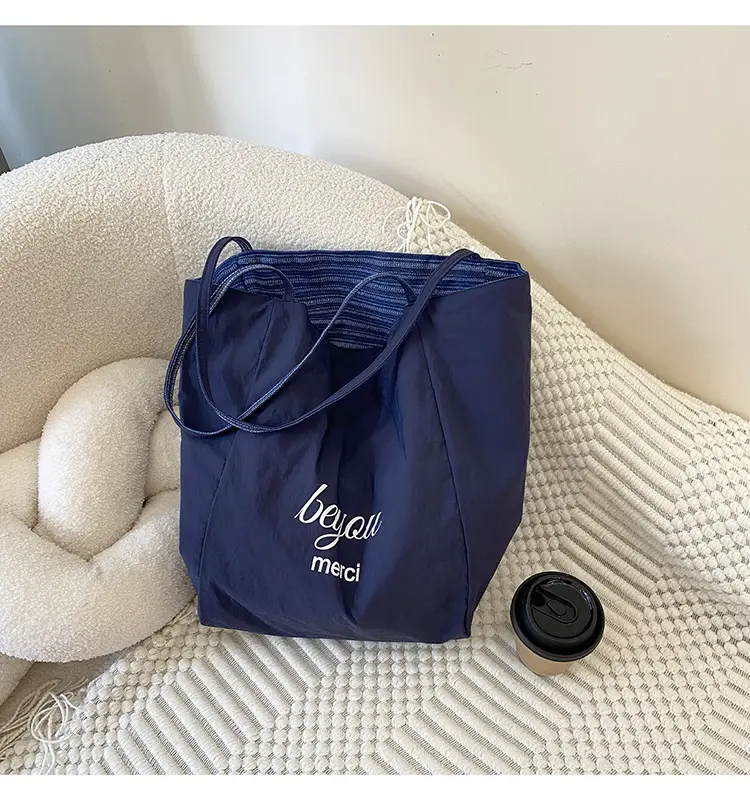 Women Striped Denim Shoulder Bag Large Capacity Casual Tote — feature 9