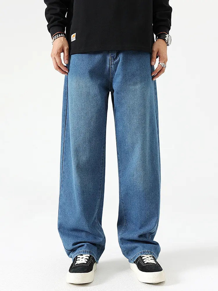 Men's Dark Blue Wide Leg Jeans High End Street Fashion