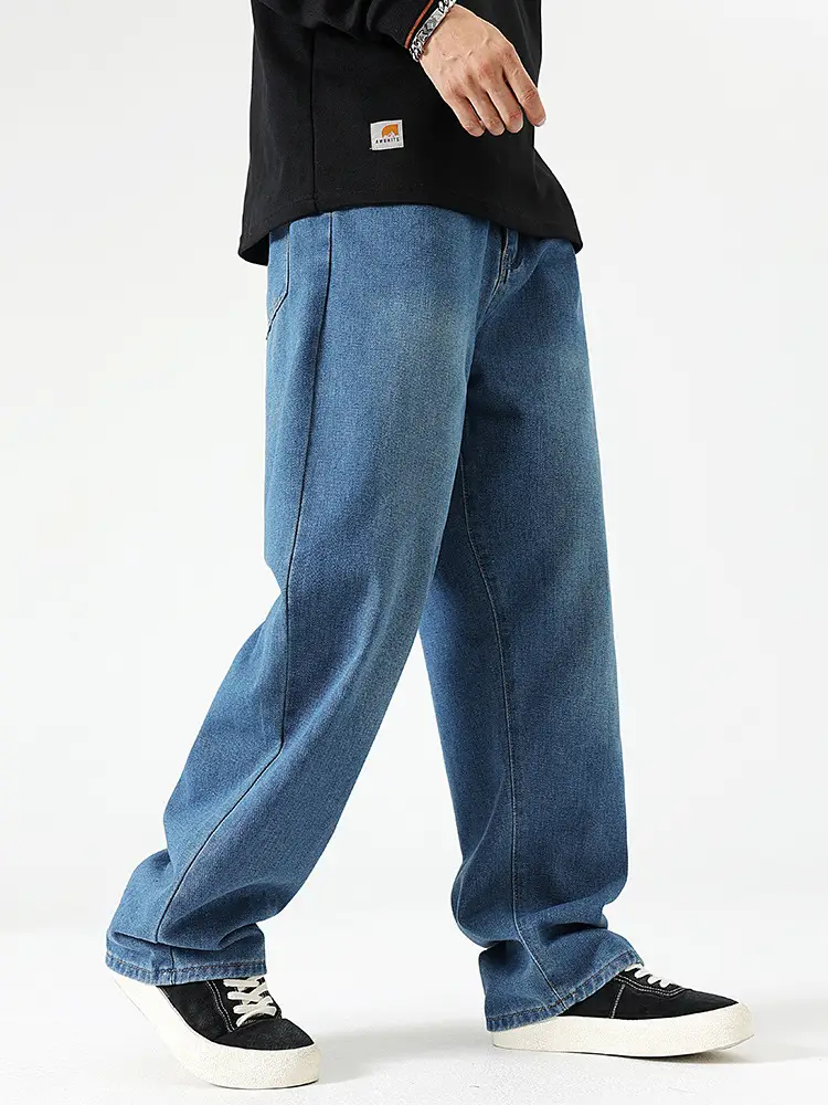 Men's Dark Blue Wide Leg Jeans High End Street Fashion