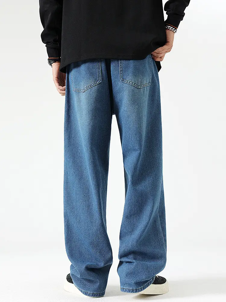 Men's Dark Blue Wide Leg Jeans High End Street Fashion