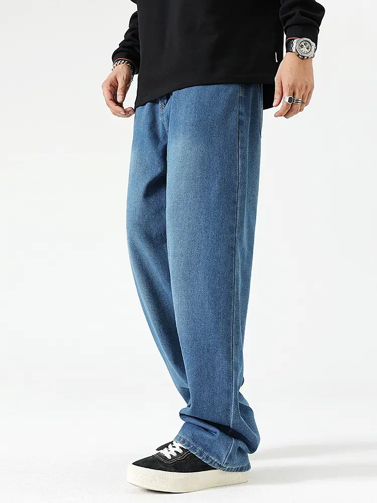 Men's Dark Blue Wide Leg Jeans High End Street Fashion