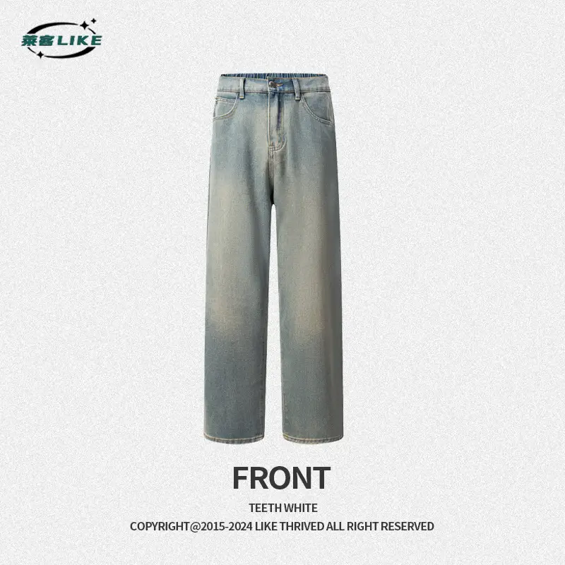 Men's Dark Blue Wide Leg Jeans High End Street Fashion