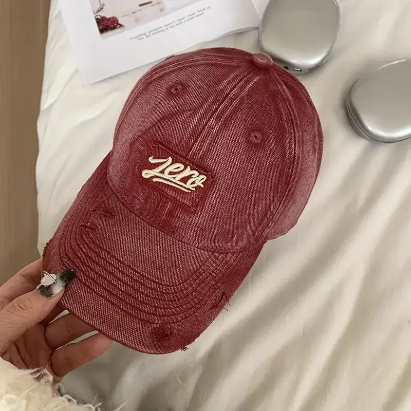 Women's Red Embroidered Baseball Cap with Sunshade - Image 3