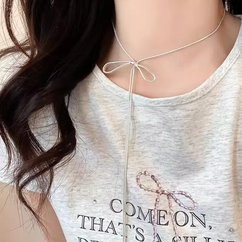 Women's Silver Bow Pull Necklace Cold Style Long Accessories - Image 3