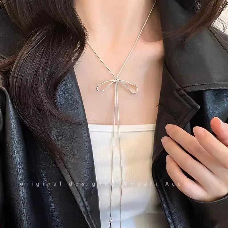 Women's Silver Bow Pull Necklace Cold Style Long Accessories - Image 5