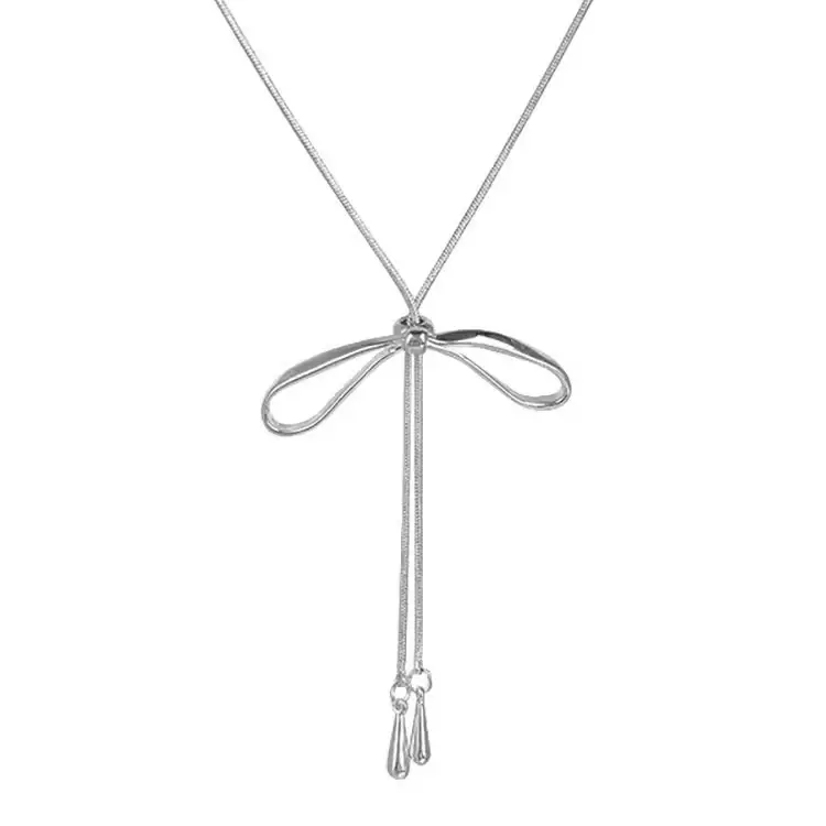 Women's Silver Bow Pull Necklace Cold Style Long Accessories - Image 6