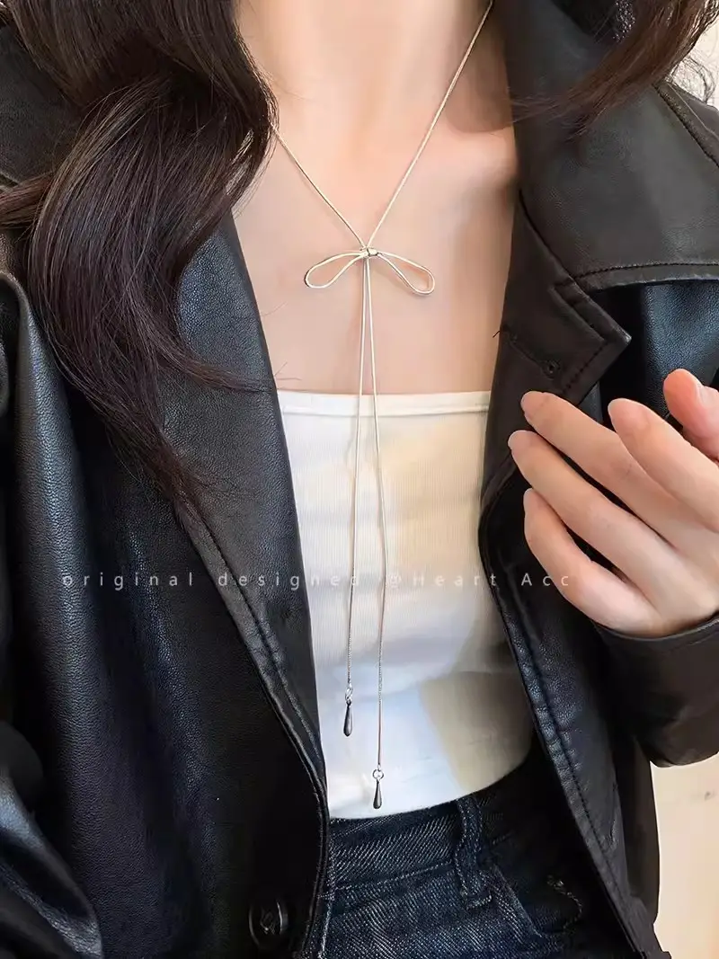 Women's Silver Bow Pull Necklace Cold Style Long Accessories
