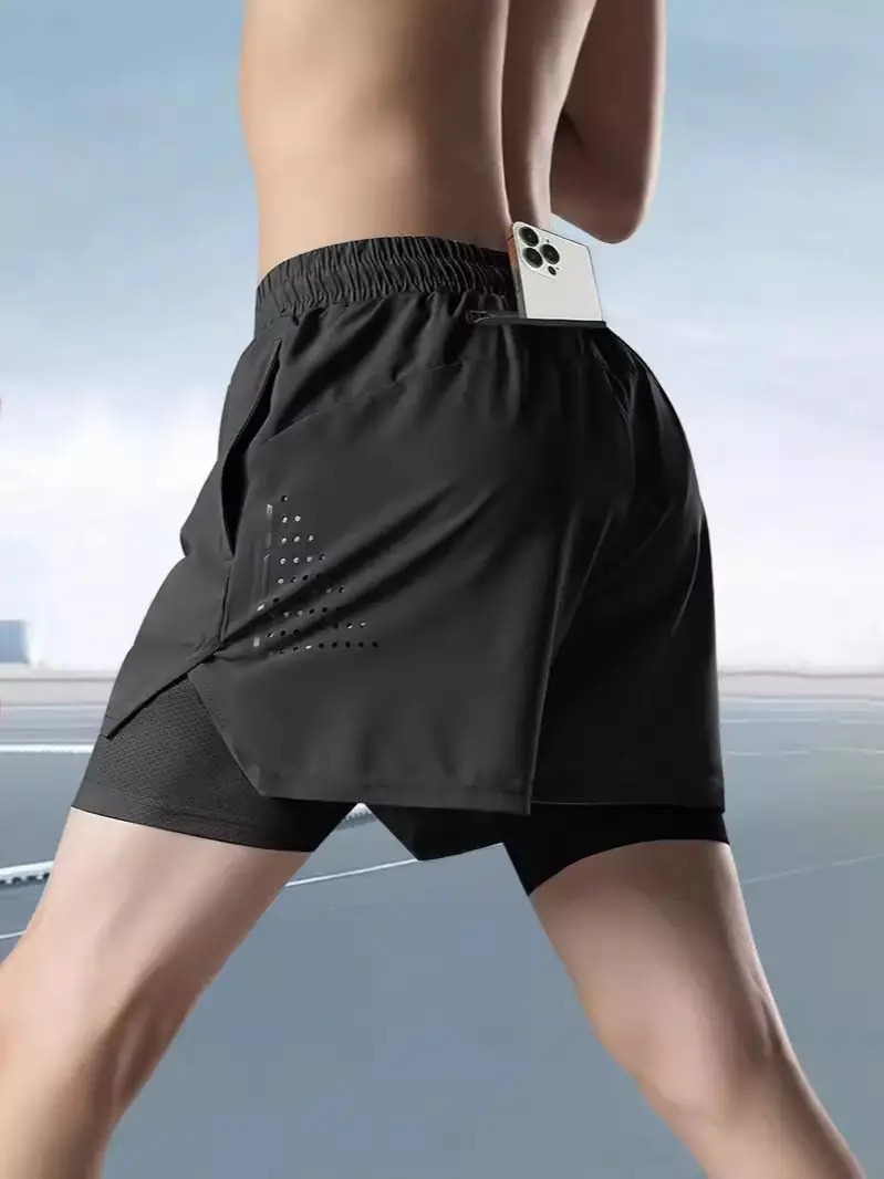 Men Grey Running Track Shorts with Mobile Cover - Image 5