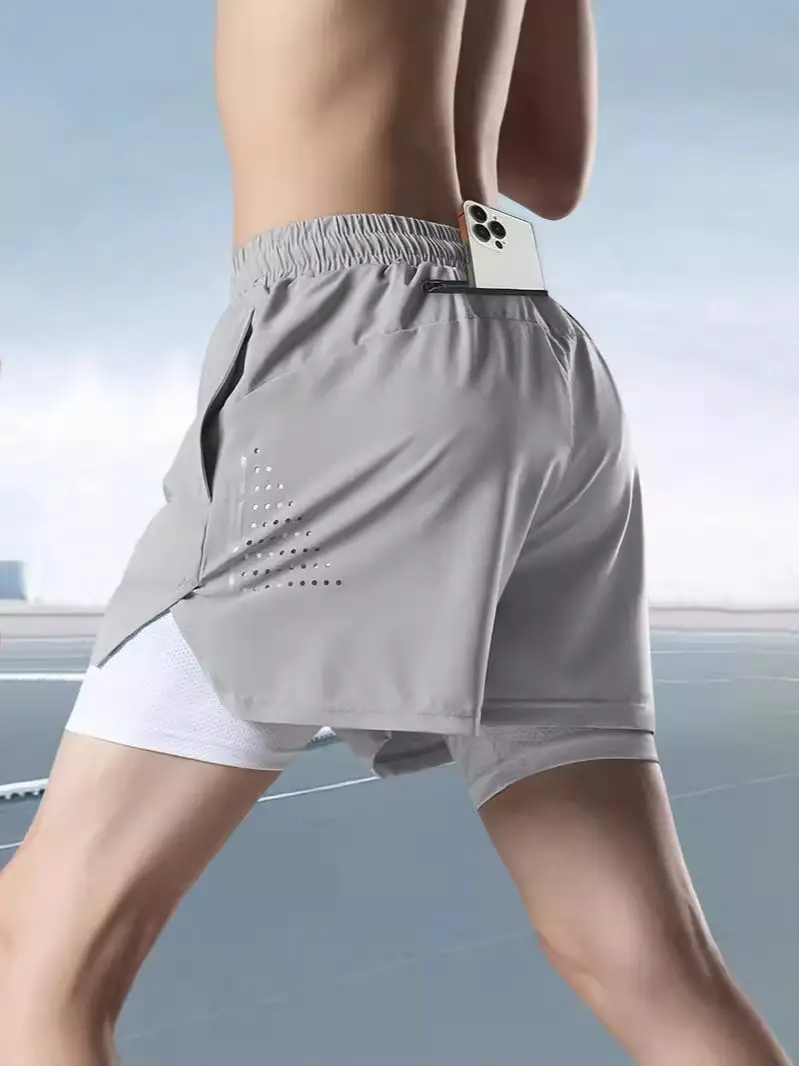 Men Grey Running Track Shorts with Mobile Cover - Image 6