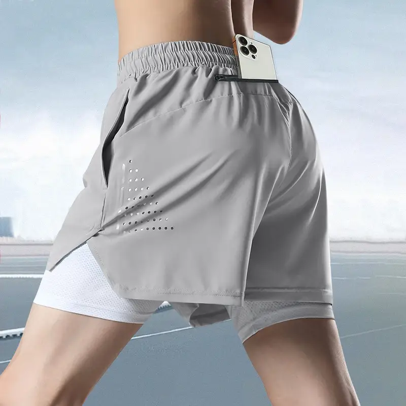 Men Grey Running Track Shorts with Mobile Cover — feature 13