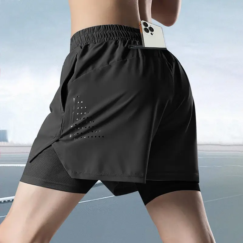Men Grey Running Track Shorts with Mobile Cover — feature 5