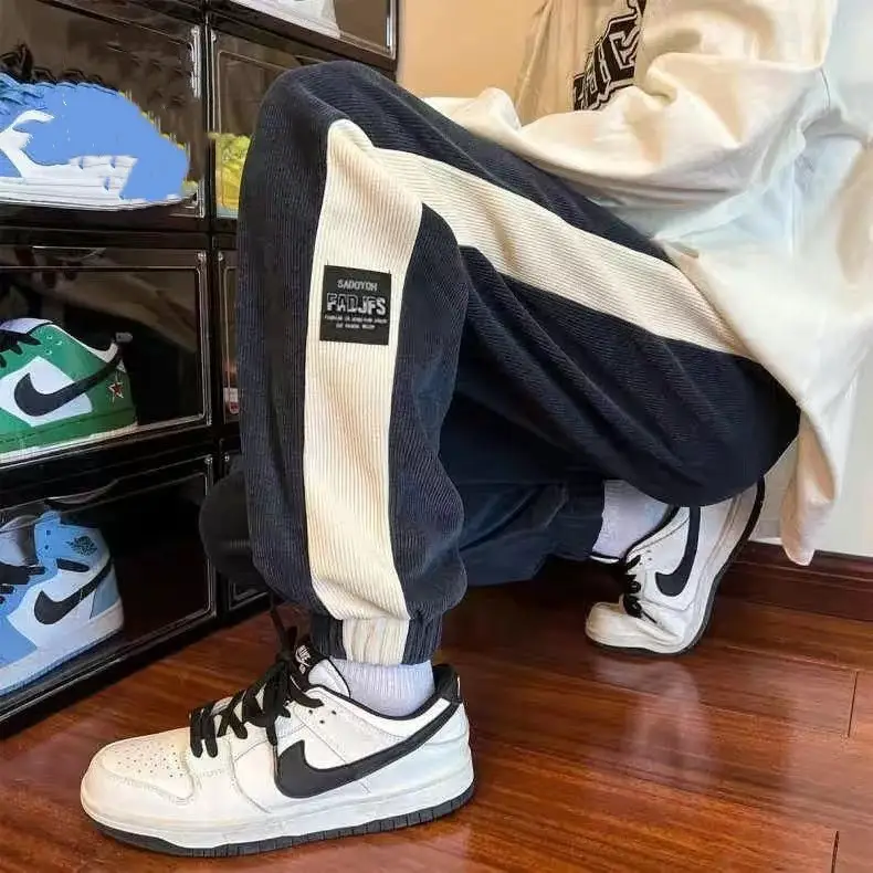 Men's 2024 Cotton Corduroy Track Pants Black White - Image 3