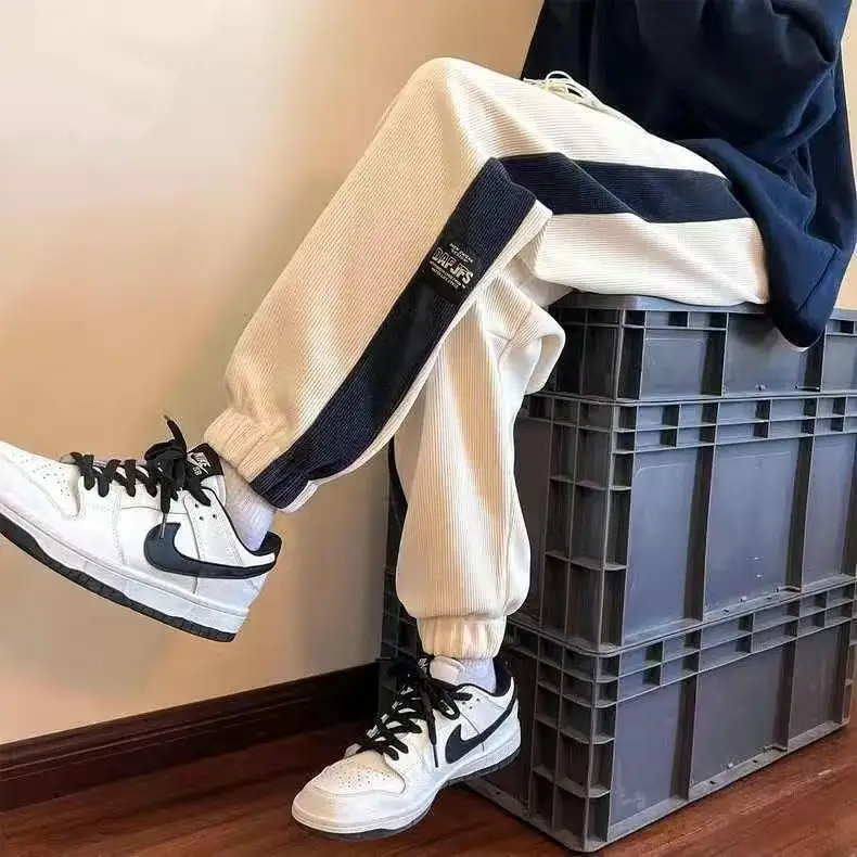 Men's 2024 Cotton Corduroy Track Pants Black White - Image 4