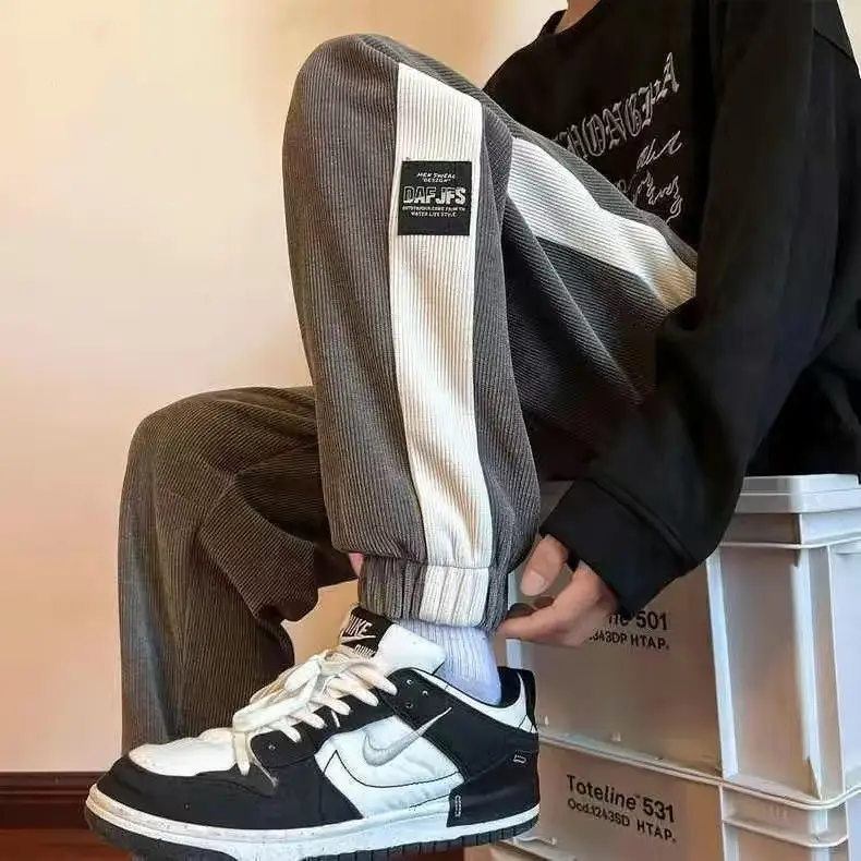 Men's 2024 Cotton Corduroy Track Pants Black White - Image 6