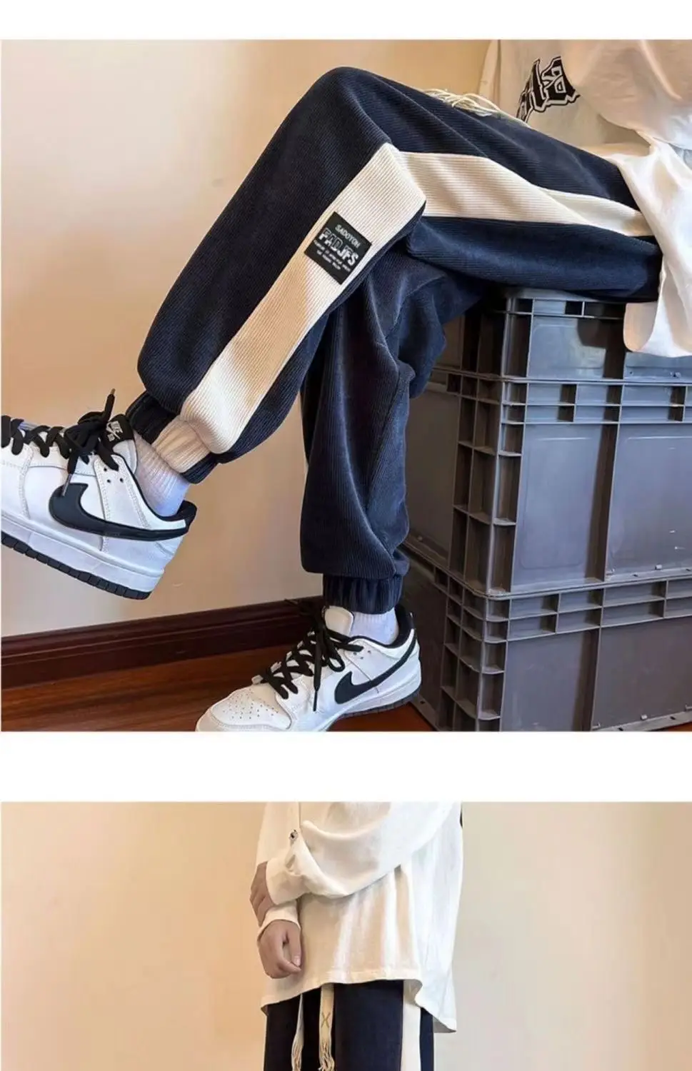 Men's 2024 Cotton Corduroy Track Pants Black White — feature 10