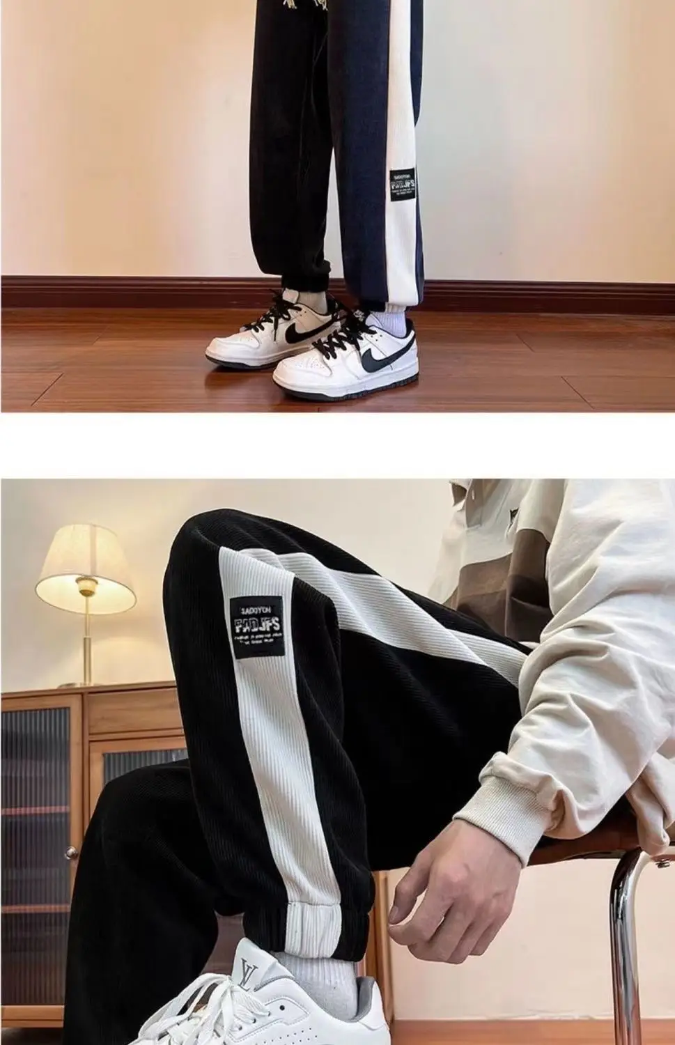 Men's 2024 Cotton Corduroy Track Pants Black White — feature 11
