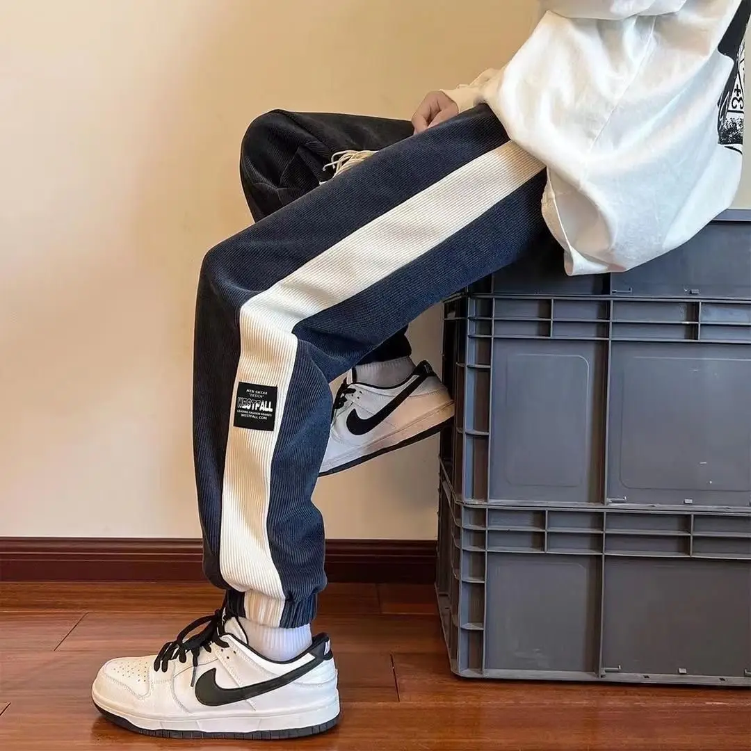 Men's 2024 Cotton Corduroy Track Pants Black White — feature 14