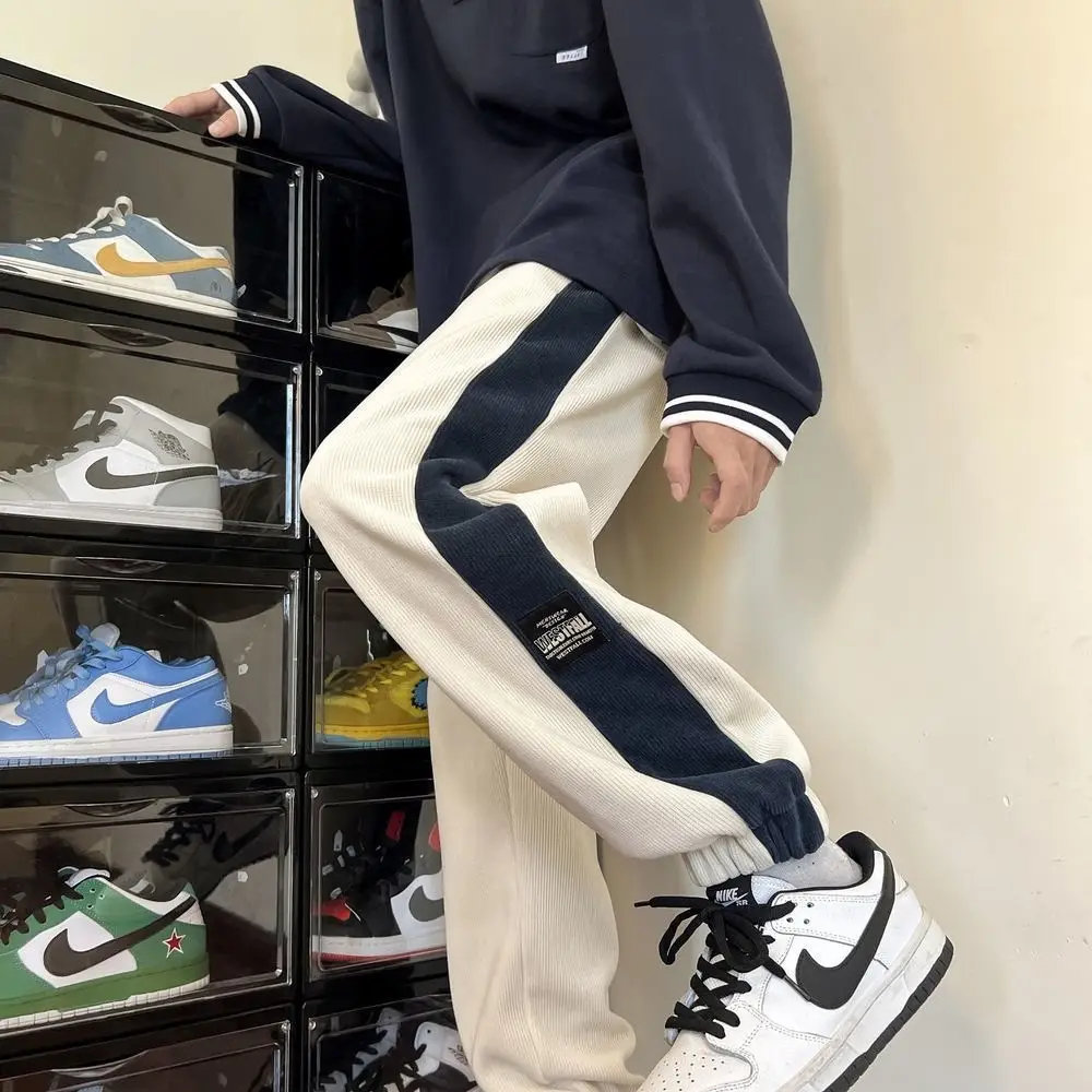 Men's 2024 Cotton Corduroy Track Pants Black White — feature 5