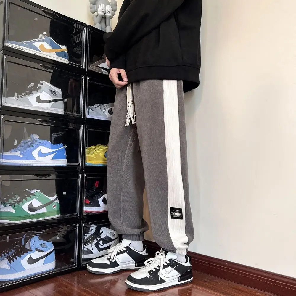 Men's 2024 Cotton Corduroy Track Pants Black White — feature 8