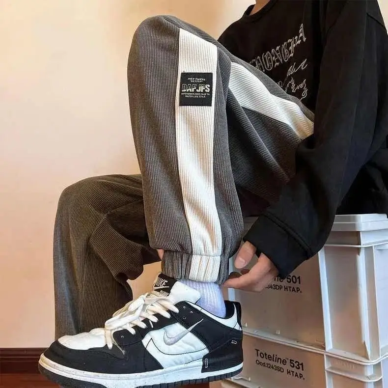 Men's 2024 Cotton Corduroy Track Pants Black White - Image 2