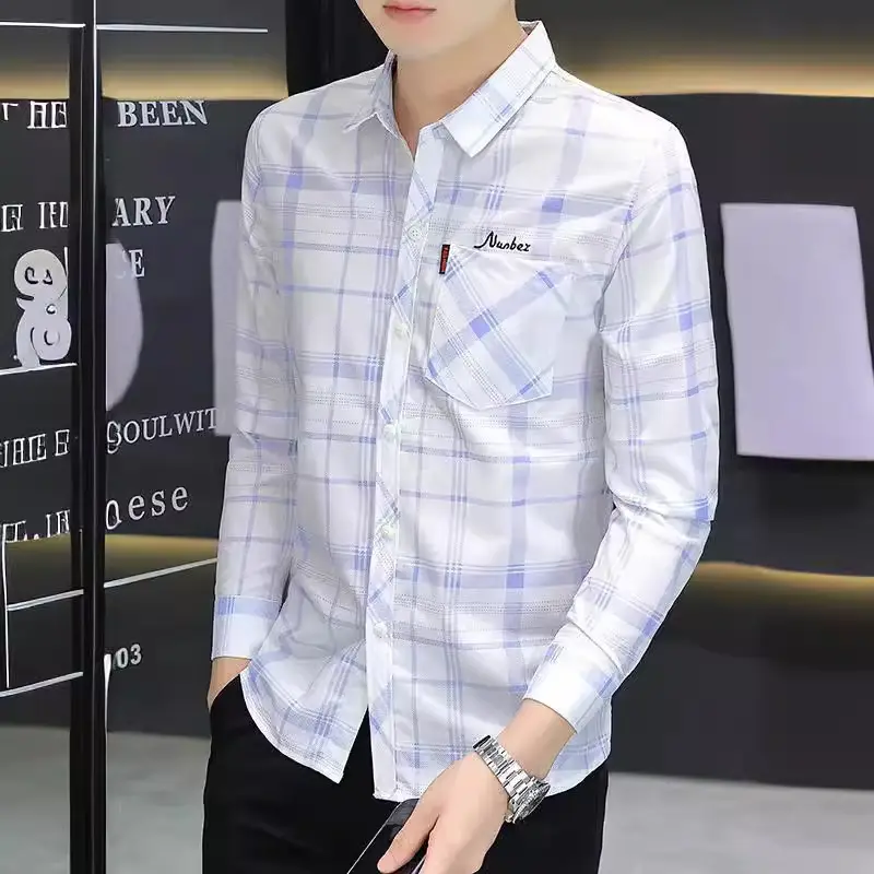 Japanese Style Plaid Long Sleeve Shirt Light Blue White - Image 4