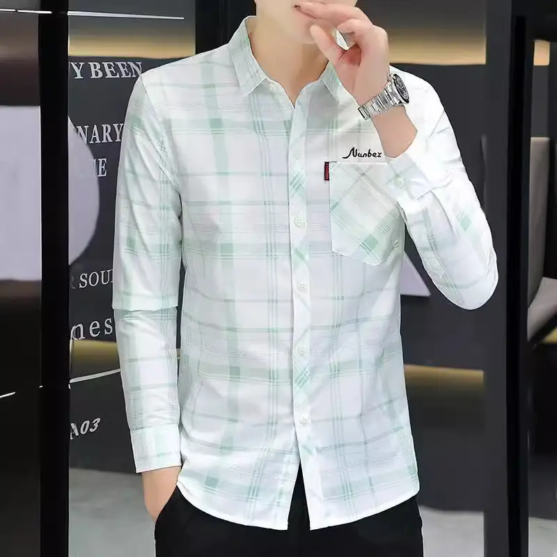 Japanese Style Plaid Long Sleeve Shirt Light Blue White - Image 6