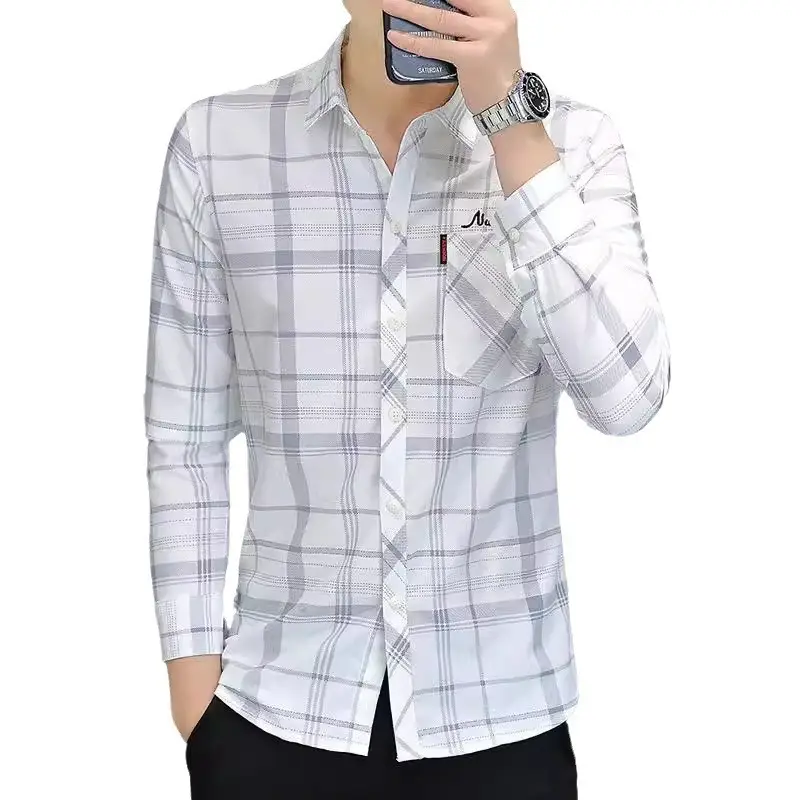 Japanese Style Plaid Long Sleeve Shirt Light Blue White - Image 7