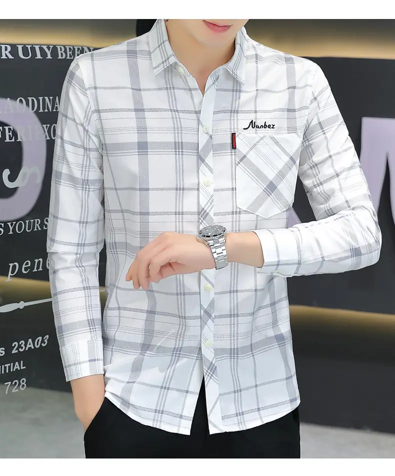 Japanese Style Plaid Long Sleeve Shirt Light Blue White — feature 11