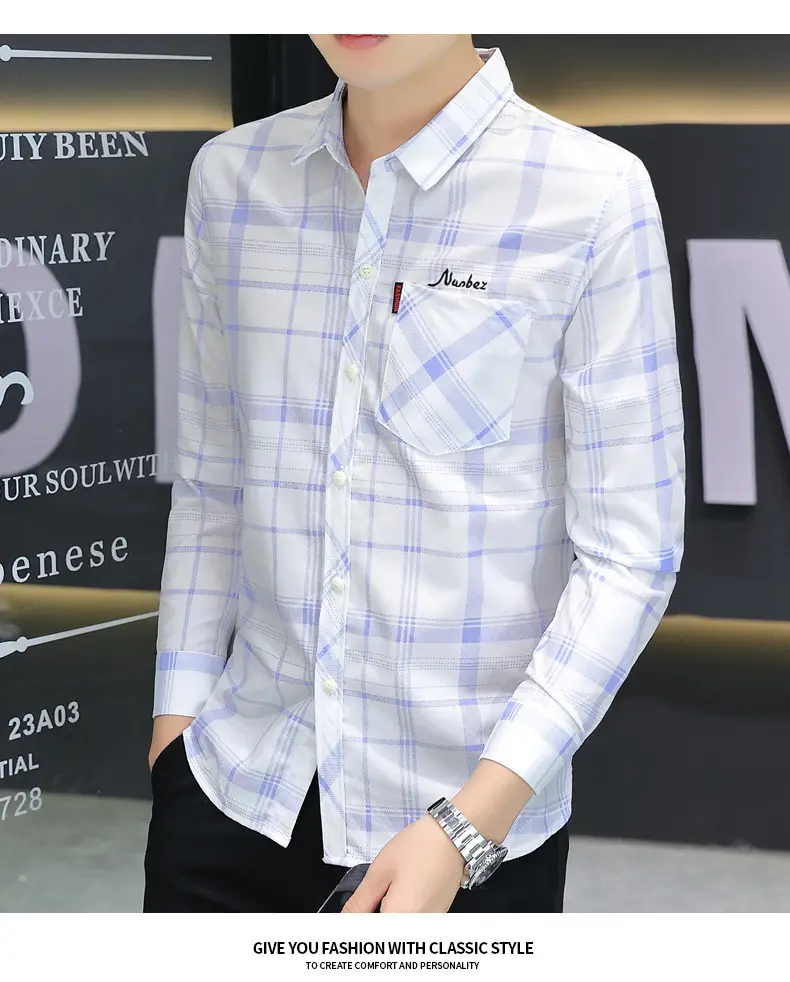 Japanese Style Plaid Long Sleeve Shirt Light Blue White — feature 13