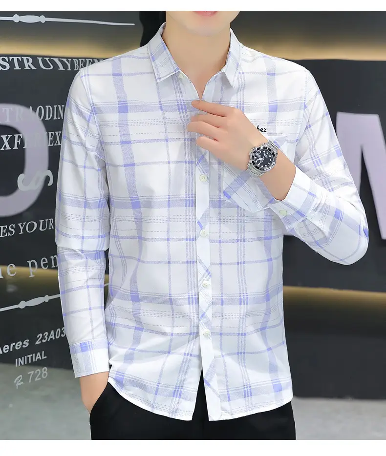 Japanese Style Plaid Long Sleeve Shirt Light Blue White — feature 14