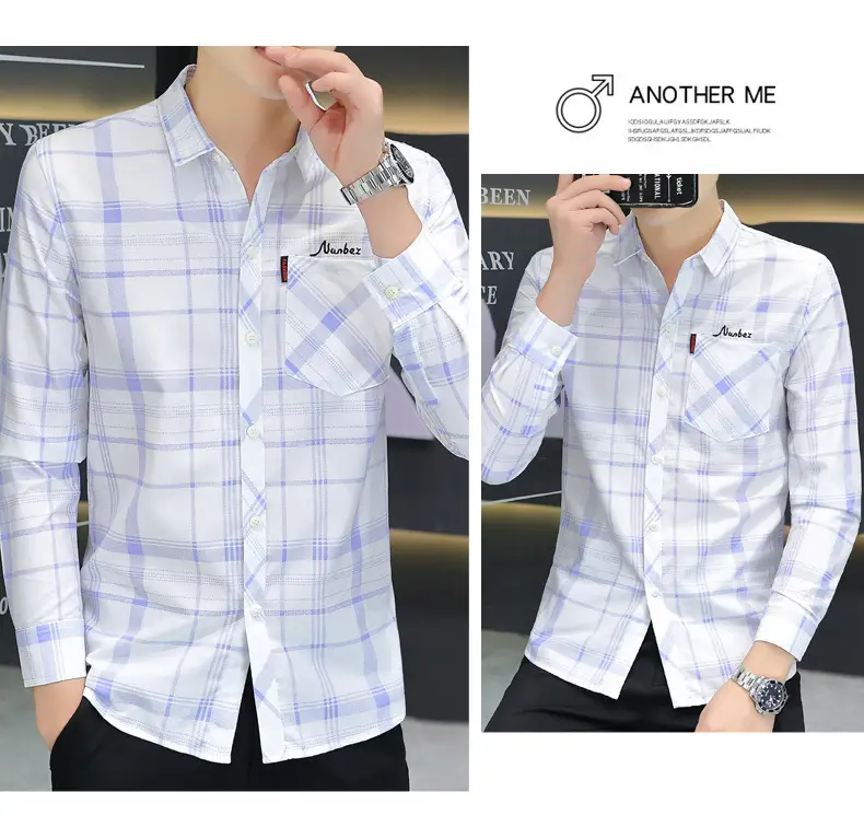 Japanese Style Plaid Long Sleeve Shirt Light Blue White — feature 15